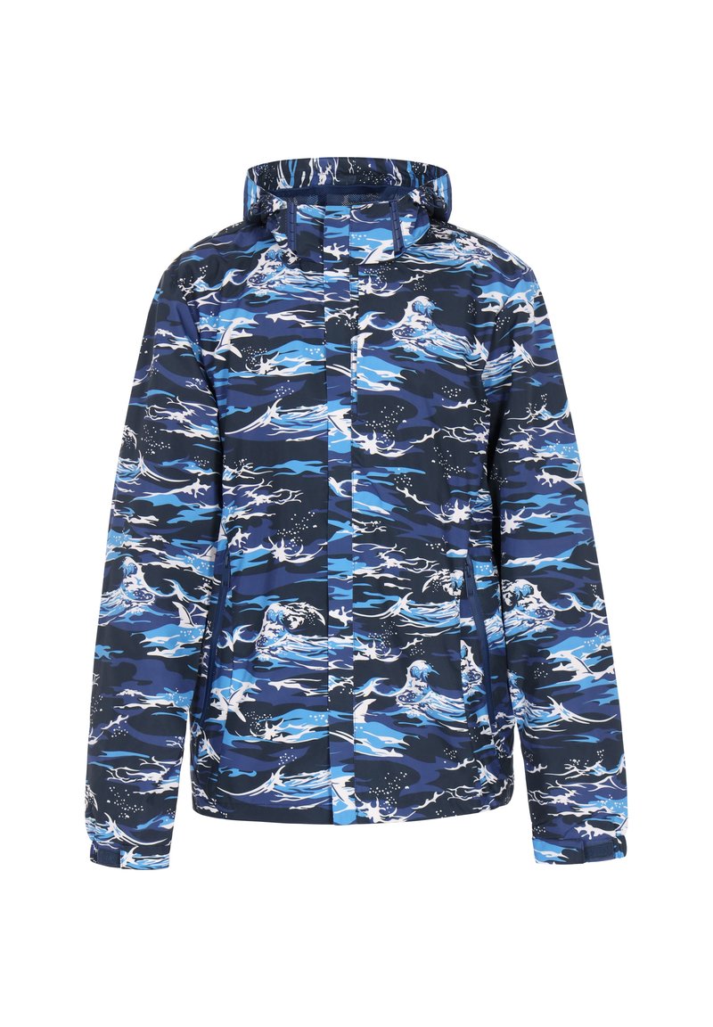 Vandafvisende jakke med et blåt og marineblåt bølgemønster, med lynlås lukning, justerbar hætte og elastiske manchetter for en tætsiddende pasform.