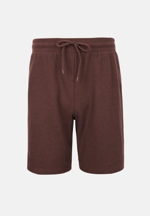 Pantalones cortos marrones de punto tipo waffle con cinturilla elástica y cordón, hasta la rodilla, estilo casual.