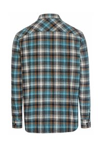 Lange mouwen geruite blouse in blauw, bruin en wit. Katoenen stof met een geruit patroon, voorzien van een puntige kraag en knoopmanchetten.