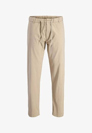 Beige katoenen broek met een verstelbare tailleband, knoopsluiting, recht model en opgerolde manchetten, met een gladde textuur.