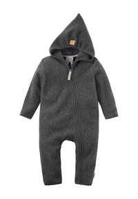 Dunkelgrauer Kapuzenoverall für Babys mit langen Ärmeln und Rei�ßverschluss vorne, aus weichem, strukturiertem Stoff für Wärme und Komfort.