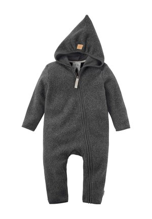 Dunkelgrauer Kapuzenoverall für Babys mit langen Ärmeln und Reißverschluss vorne, aus weichem, strukturiertem Stoff für Wärme und Komfort.