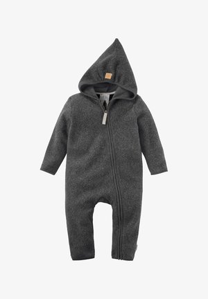 Dunkelgrauer Kapuzenoverall für Babys mit langen Ärmeln und Reißverschluss vorne, aus weichem, strukturiertem Stoff für Wärme und Komfort.