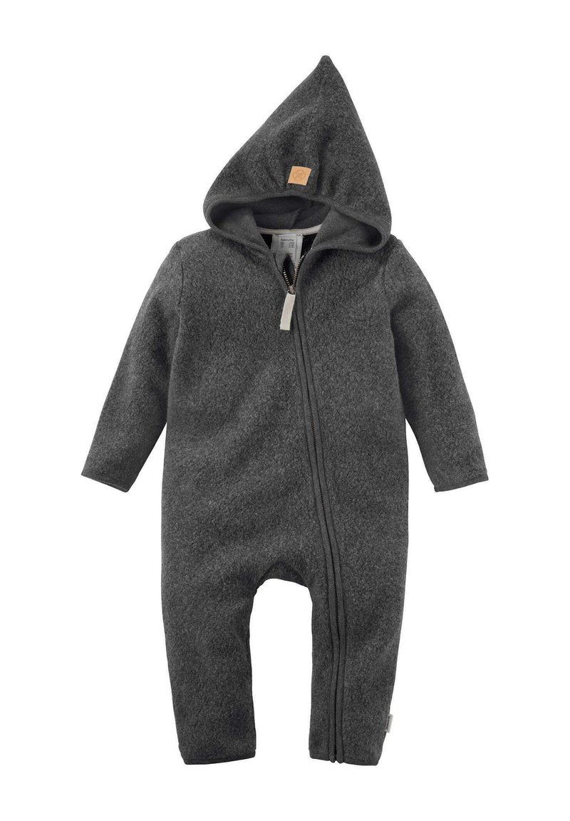 Donkergrijze baby jumpsuit met capuchon, lange mouwen en een rits aan de voorkant, gemaakt van zachte, gestructureerde stof voor warmte en comfort.
