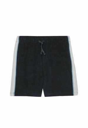Sorte frottéshorts med hvide sidepaneler og blå kant, med elastisk linning og sort snor.
