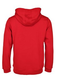 Rød bomulds hoodie med kengurulomme og justerbar snoretræk hætte. Har ribbede manchetter og nederkant, glat tekstur og ensfarvet design.