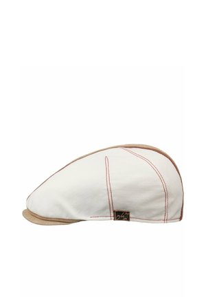 White flat cap with beige brim and red stitched seams, featuring a small black and beige logo tag on the side.