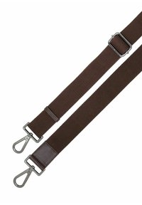 Brązowy pleciony pasek z tkaniny z srebrnymi metalowymi klipsami i skórzanym akcentem. Wyposażony w prostokątną klamrę do regulacji długości.