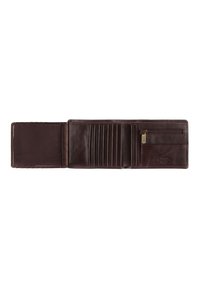 Brown leather wallet with multiple card slots, a zip pocket, and smooth texture. Features a simple, functional fold design.