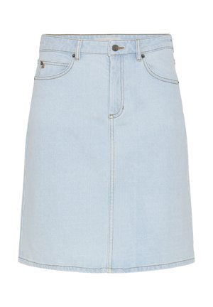 Gonna in denim azzurro chiaro con bottoni frontali, cerniera, passanti per cintura e tasche anteriori, mostrata su uno sfondo bianco.