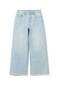 Jeans de pernera ancha en azul claro con cintura alta, cierre de botón y cremallera, bolsillos delanteros y traseros, y dobladillos deshilachados.