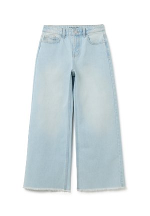 Jean large bleu clair avec taille haute, fermeture à bouton et zip, poches avant et arrière, et ourlets effilochés.