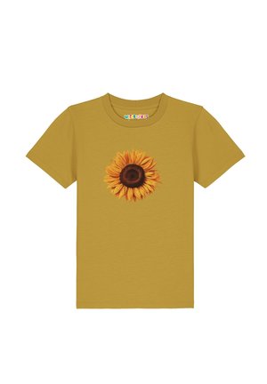 Senfgelbes T-Shirt mit kurzen Ärmeln und großem Sonnenblumenmotiv in der Mitte auf der Vorderseite.