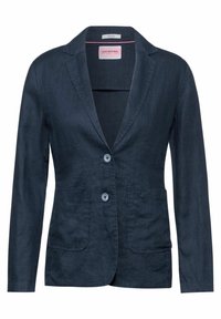 Námořnický blejzr z lnu, s klopovým límcem, dvěma předními kapsami a dvěma knoflíky. Vnitřek má růžový akcent na výstřihu.