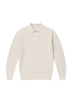 Pull polo en maille crème à manches longues avec trois boutons et poignets et bas côtelés, posé à plat sur un fond blanc.
