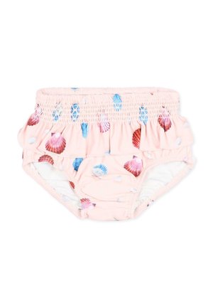 Różowe kąpielówki dla maluchów z marszczonym pasem, ozdobą falbaną i wielokolorowym nadrukiem muszli w kolorze niebieskim, czerwonym i białym na białym tle.