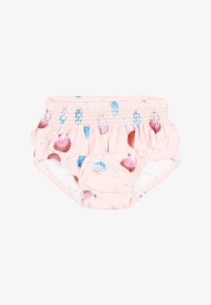 Braguitas de baño para niños pequeños en rosa con cintura fruncida, ribete de volantes y estampado multicolor de conchas marinas en azul, rojo y blanco sobre fondo blanco.