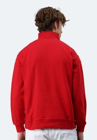 Roter Pullover mit hohem Kragen und gerippten Bündchen. Hergestellt aus einem weichen Stoff mit glatter Textur. Sichtbare Nähte entlang dem Saum.