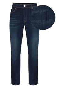 Granatowe dżinsy z prostym krojem, z pięcioma kieszeniami, zapięciem na guzik i delikatnym efektem sprania na całej powierzchni materiału.