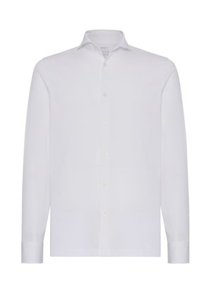 Camicia bianca a maniche lunghe realizzata in tessuto liscio, con colletto classico, chiusura a bottoni con bottoni chiari e polsini abbottonati.