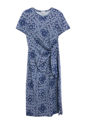 Blauwe knielange jurk met korte mouwen, wit paisley- en bloemenpatroon en een zijknoopdetail in de taille.
