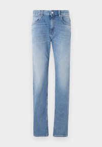 Lyseblå denimjeans med rett snitt, med fem lommer, knappestengning foran, og svak fading gjennom hele stoffet.