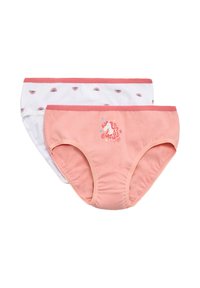 Dos pares de ropa interior: uno rosa con un gráfico de unicornio, el otro blanco con patrones de arcoíris. Material de algodón con cinturillas en contraste.