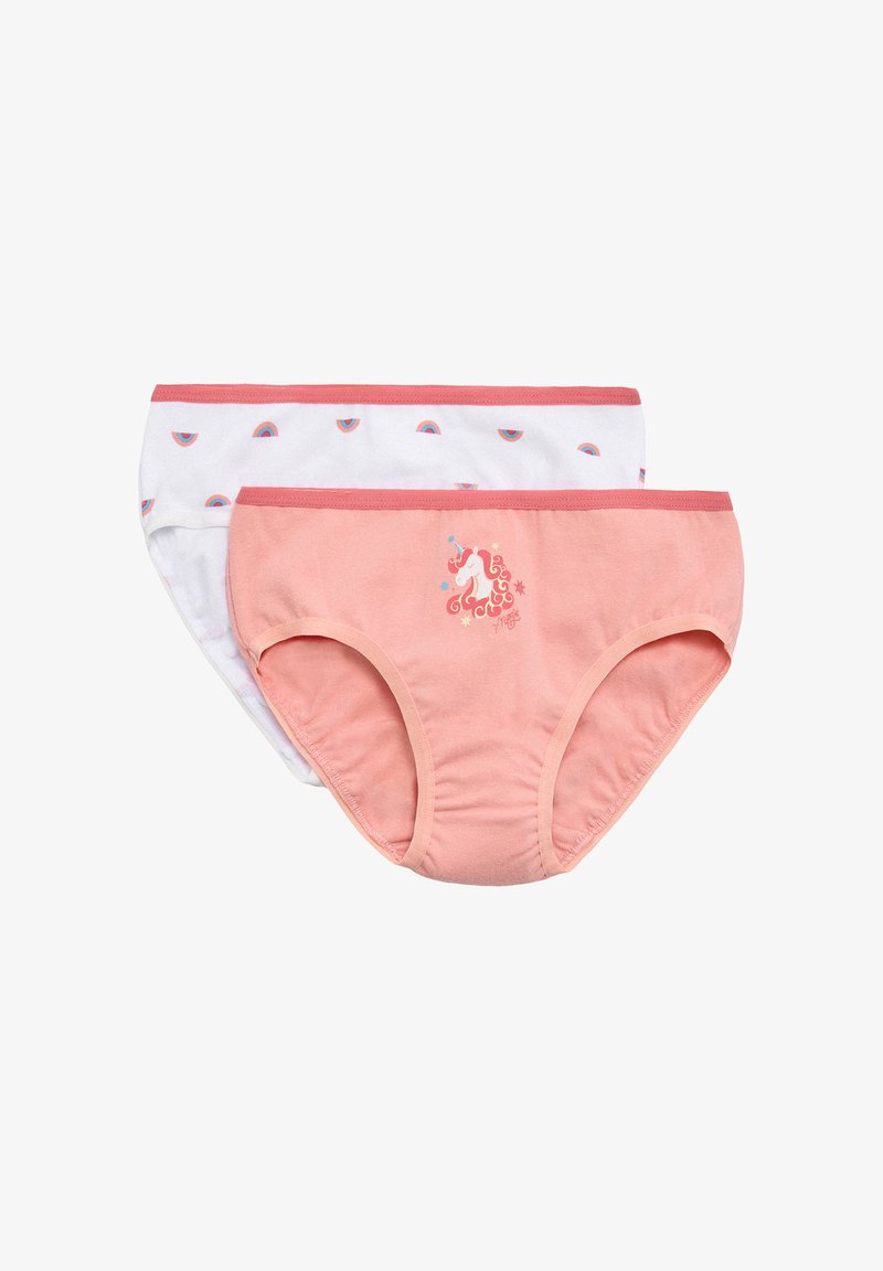 Dos pares de ropa interior: uno rosa con un gráfico de unicornio, el otro blanco con patrones de arcoíris. Material de algodón con cinturillas en contraste.