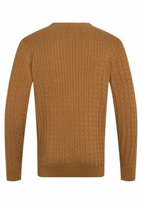 Brun kabelstickad tröja med lång ärm, ribbade manschetter och nederkant, visad bakifrån mot en vit bakgrund.