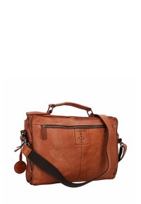 Braune Leder-Umhängetasche mit einem Handgriff an der Oberseite, verstellbarem Schulterriemen, vorderer Reißverschluss-Tasche und geprägtem Anker-Logo.