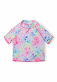 T-shirt de surf à manches courtes dans un motif tie-dye pastel avec des finitions roses. Fabriqué en tissu extensible, il présente un col montant et des manches raglan.