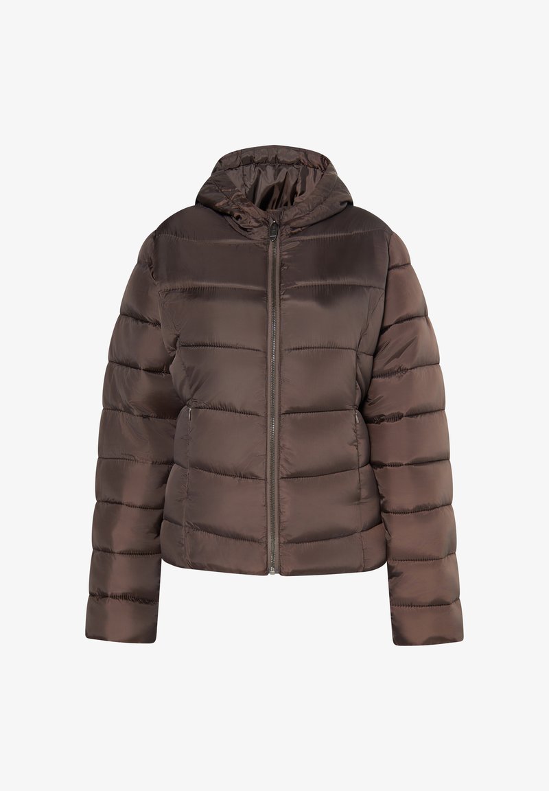 Brun pufferjakke med hætte, med en lynlåslukning foran, vandret sømme og en glat, blank overflade.