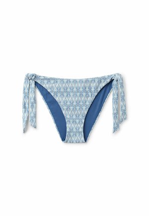 Bikiniunderdel med ett blått och vitt lövmönster, sidoknyten och solid blå tyg. Texturerad design på huvudtyget, slätt innerfoder.