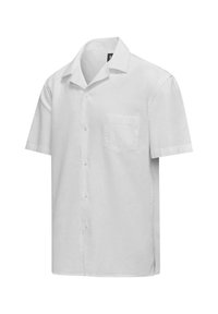 Camicia bianca a maniche corte realizzata in tessuto leggero. Presenta un colletto, bottoni frontali e una tasca sul petto. Texture liscia con una vestibilità classica.