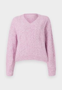Helles rosa, verkürzter Pullover mit V-Ausschnitt, langen Ärmeln und strukturiertem Zopfmuster. Weiches, flauschiges Material mit geripptem Saum.