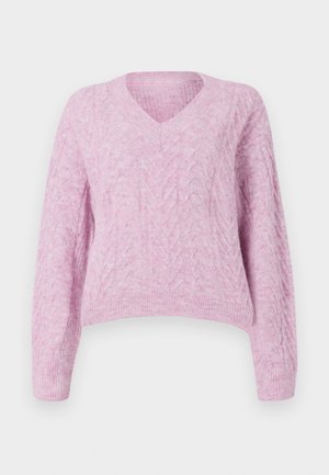 Helles rosa, verkürzter Pullover mit V-Ausschnitt, langen Ärmeln und strukturiertem Zopfmuster. Weiches, flauschiges Material mit geripptem Saum.