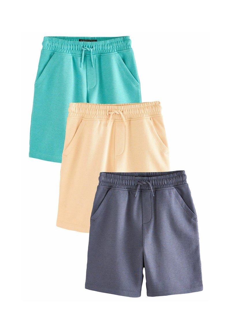 Tre par shorts: teal, lys beige og mørkegrå. Hver har en elastisk talje, snøre og sidelommer. Stoffet er bomuld.
