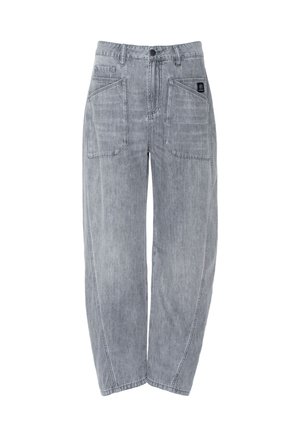 Hellgraue Jeanshose mit großen vorderen aufgesetzten Taschen, Gürtelschlaufen, Knopfverschluss und weitem geradem Bein.