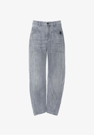 Light gray denim pants with large front patch pockets, belt loops, button closure, and loose straight legs.