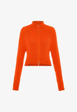 Helles orange geripptes Strickpullover mit langen Ärmeln, cropped Passform, hohem Kragen und beidseitigem Reißverschluss.
