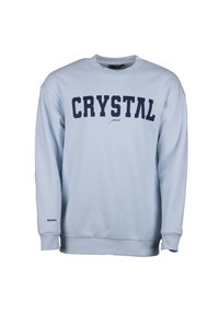 Felpa blu chiaro realizzata in materiale misto cotone. Presenta una scritta ampia color blu scuro "CRYSTAL" sul petto e "dreams." sulla manica.
