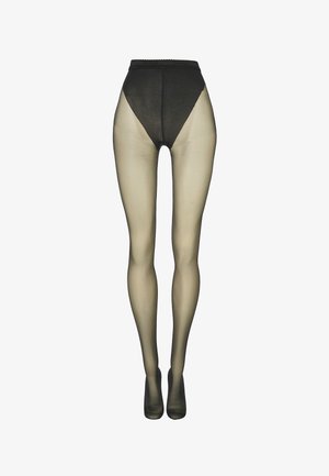 Transparente schwarze Strumpfhosen mit festem schwarzem hohem Bund und verstärktem schwarzem Zehenbereich, dargestellt an stehenden Beinen vor weißem Hintergrund.