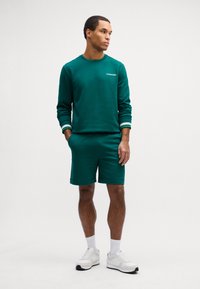 Sættet består af en grøn sweatshirt og shorts i blødt stof, med en rund hals og stribede detaljer ved ærmerne, parret med hvide sneakers.