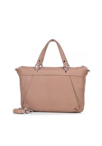 Sac en cuir tan avec poignées doubles et bandoulière détachable, présentant un design lisse et minimaliste avec fermeture éclair.