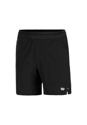 Black athletic shorts made of lightweight fabric, featuring a mesh waistband, side pockets, and a white logo detail.