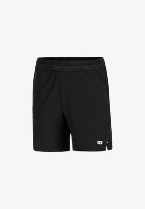 Pantalones cortos deportivos negros hechos de una tela ligera, con una cinturilla de malla, bolsillos laterales y un detalle de logo en blanco.