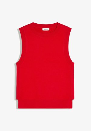 Gilet en maille rouge sans manches avec encolure ronde et fentes latérales, étiqueté Bershka.