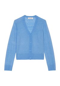 Světle modrý cardigan vyrobený z měkkého pleteného materiálu, s výstřihem do V, šesti knoflíkovými zapínáními a žebrovanými detaily na rukávech a spodním lemu.