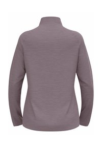 Langärmliges, mauve-farbenes Hemd mit hohem Kragen, aus strukturiertem Stoff und minimaler Nahtdetails. Rückansicht gezeigt.