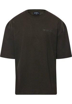 Dunkelbraunes, übergroßes T-Shirt mit kurzen Ärmeln, Rundhalsausschnitt und dezentem gesticktem Logo auf der Brust in einer kontrastierenden Farbe. Baumwollstoff.